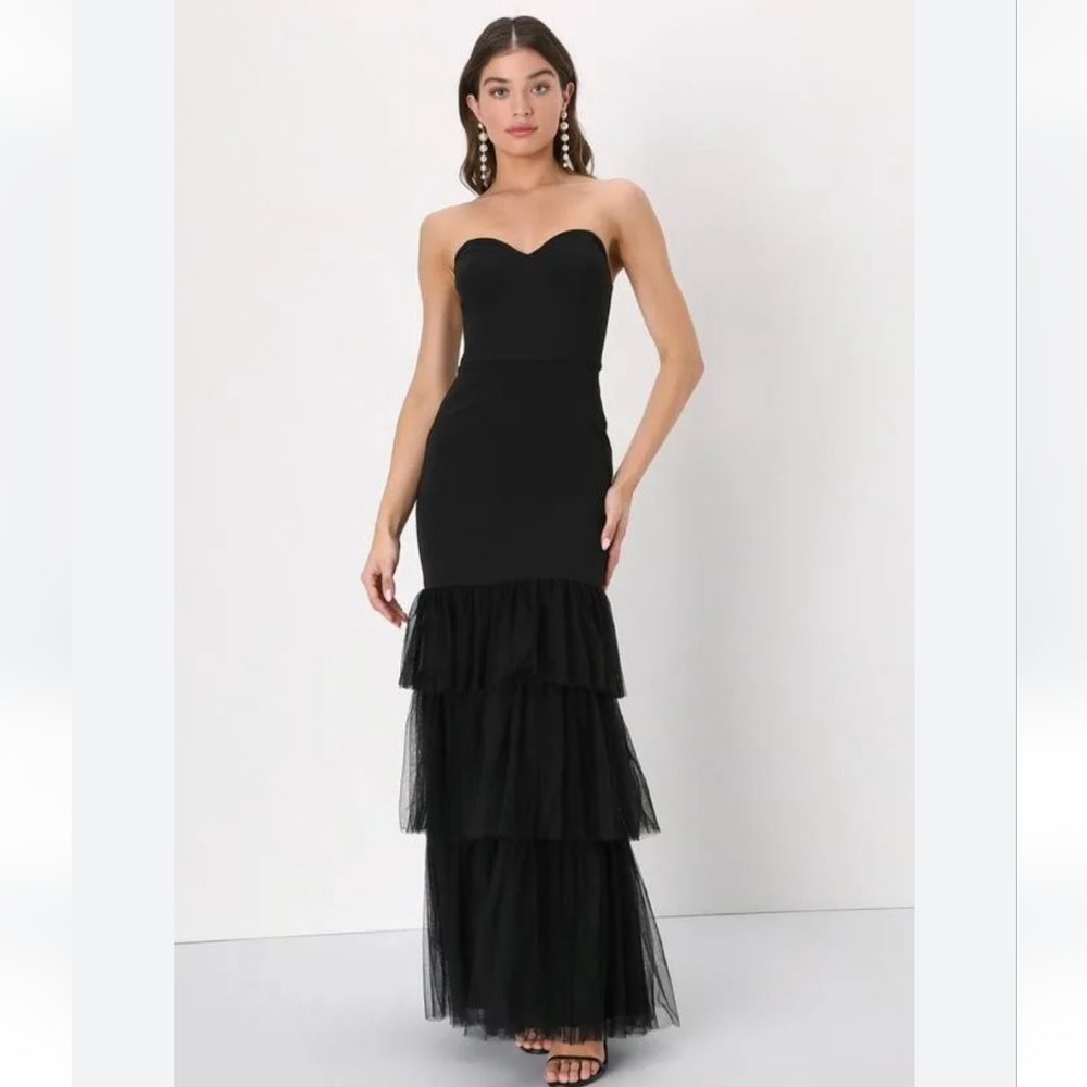 Lulus Black Tulle Strapless Trumpet Dress